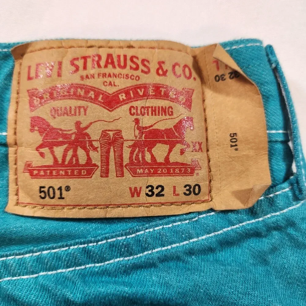 Levi's 501 Mens Jeans Button Fly Straight Leg W32 x L30 Act W29 x L28 Teal Blue - Picture 10 of 16